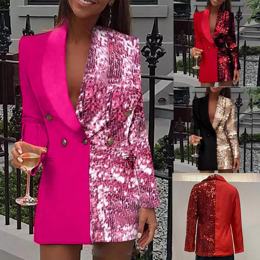 Women's Deep V-neck Single-breasted Sequin Splicing Blazer